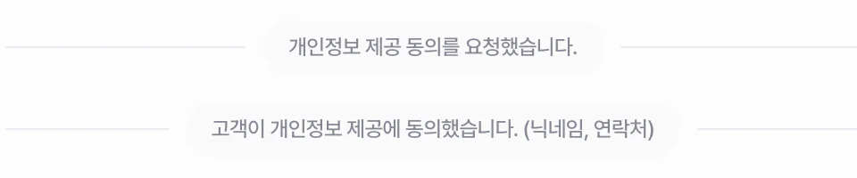 대화 안의 시스템 메시지 — 개인정보 제공 동의를 요청했습니다, 고객이 개인정보 제공에 동의했습니다 (닉네임, 연락처)