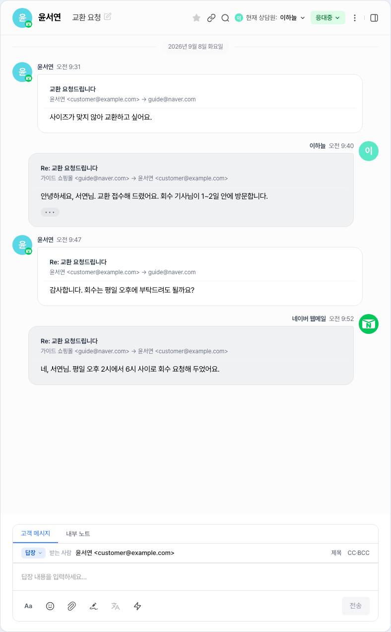 메일 대화의 답장 작성창 — 답장 형식과 받는 사람이 한 줄에 있고, 제목·CC·BCC는 링크로 접혀 있어요